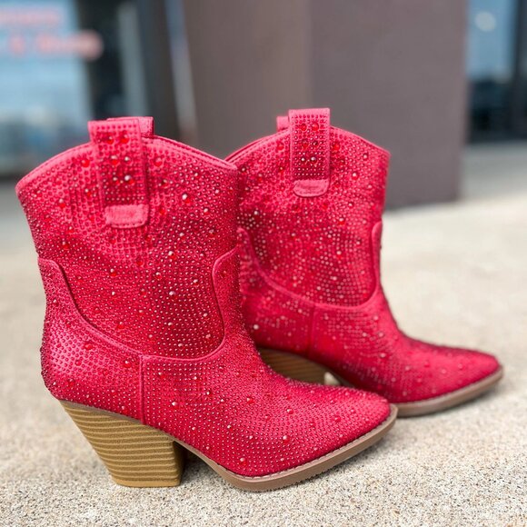 New Red Rhinestone Cowgirl Cowboy Western Ankle Boots Booties Block Heel Pull-On - Picture 5 of 6